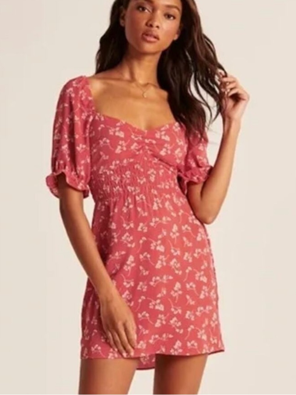 Abercrombie & Fitch Red Ditsy Smocked Floral Print Puff Sleeve Mini Dress